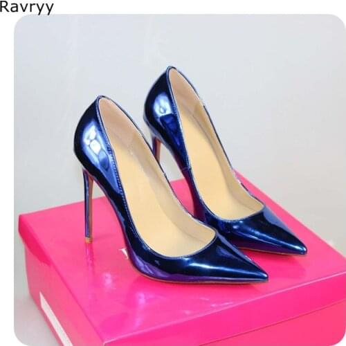 Womans high heels blue patent leather sexy pump female dress shoe pointed toe slip-on stilettos single shoe Plus Size 44 45 46