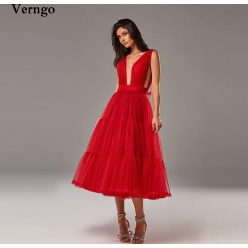 Verngo 2021 Red A Line Tulle Short Evening Dress V Neck Backless Bow Midi Prom Gowns Tea Length Formal Homecoming Dress