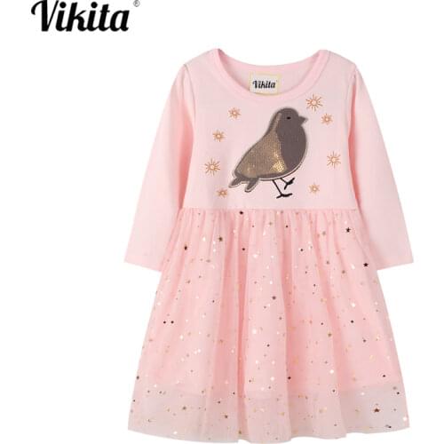 VIKITA Children Animal Appliqued Dress Kids Girls Long Sleeve Mesh Tulle Dresses Girls Autumn Patchwork Dresses Kids Clothes