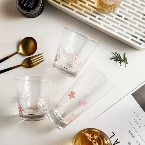 Japanese Sakura Glass Cup Breakfast Mlik Coffe Cup Heat-Resistant Straight Cup Household Clear Glass Cold Drink Juice Cups