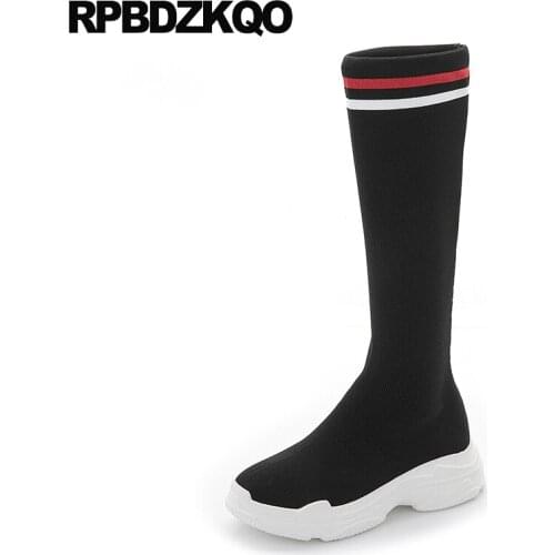 Stretch flatform new wedge slim british sock knee high black boots muffin platform long slip on luxury brand shoes women knit