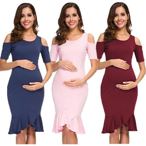 Womens Maternity Dresses Short Sleeve Fitted Mermaid Dress Cold Shoulder Ruffle Hem Knee Length for Baby Shower Dress Clothing