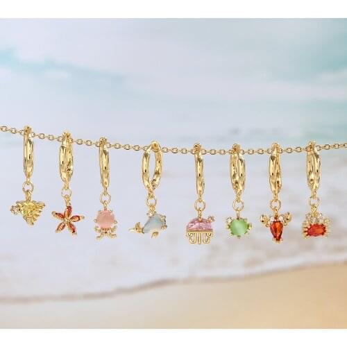 Women Hoop Earrings Pink Red Zircon 2021 Trends Small Fine Jewelry Girls Cute Crystals Dolphin Turtle Crab Pendant Kids Gifts
