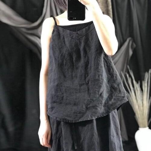 Johnature 2021 New Summer Clothes Linen Vintage Solid Color V-Neck Retro Comfortable Tops 2 Colors Women Slings