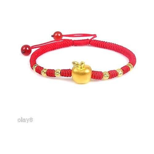 Pure 999 24K Yellow Gold Women 3D Apple Bead Knitted Bracelet Size Adjustable