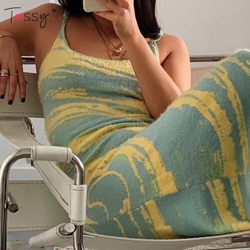 Tossy Spring New Knit Spaghetti Strap Party Dress Women Paisley Print Sweater Dress Female 2021 Beach Backless Midi Vestidos