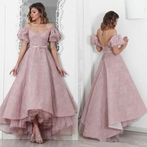 High Quality Pink Organza High Low Evening Gowns Sheer Neckline Lace Tulle Prom Gown Chic Party Dress robe de soiree Custom Made