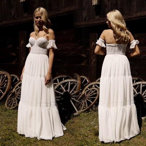 2021 Simple Design Hippie Beach Boho Wedding Dress Sweetheart Removable Sleeve A Line Lace Floor Length Chiffon Bridal Dress