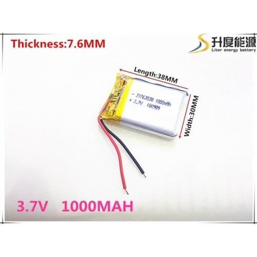 3.7 V 763038 lithium-ion polymer battery 1000 mah vehicle traveling data recorder LED speakers toys