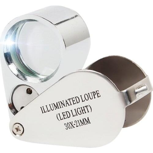 30X21mm Jewelry Loupe Magnifing glass All-metal Illuminating Magnifier Folding Metal Jewelry Loupe with LED