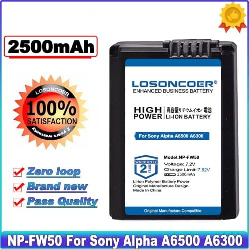 LOSONCOER NP-FW50 NP FW50 2500mAh Battery for Sony Alpha a6500 a6300 a7 7R a7R a7R II a7II NEX-3 NEX-3N NEX-5 Batteries