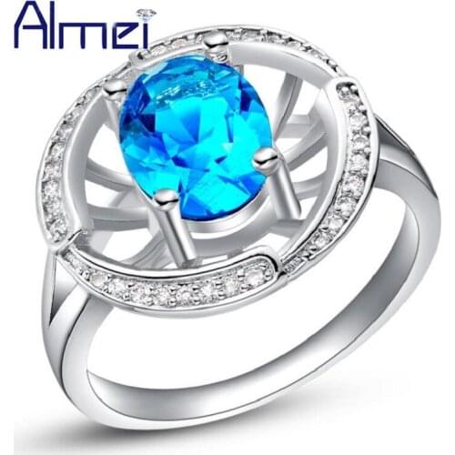 Almei Silver Color Rings for Women With Large Blue Pink Stone Crystal Vintage Ring Costume Jewelery Anel Wedding My Orders J434