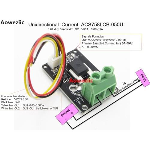 Aoweziic Unidirectional DC Current Sensor module ACS758LCB-050U ACS758LCB-050 ACS758 120 kHz Bandwidth DC: 0-50A 0.06V/1A