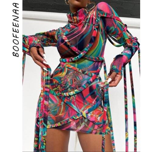 BOOFEENAA Sheer Mesh Print Unique Dresses for Women Sexy Long Sleeve Bodyocn Bandage Mini Dress Club Outfits C83-DB32
