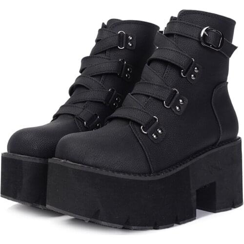 Spring Autumn Ankle Boots Women Platform Boots Rubber Sole Buckle Black Leather PU High Heels Shoes Woman Comfortable
