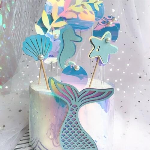 Mermaid Party Decor Mermaid Shell Cake Toppers Happy Birthday Cake Topper for Kids Favors Wedding Birthday Party Cake Decoration