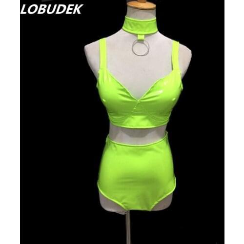 Fluorescent Green PU Leather Bikini Set Sexy Pole Dancing Costume Nightclub Bar DJ Women Singer Dancer Team Jazz Stage Wear