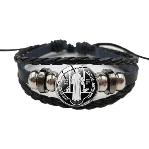 Catholic Saint Benedict Exorcism Leather Bracelet Nursia Saint Benedict Christian Pattern Glass Buckle Bracelet
