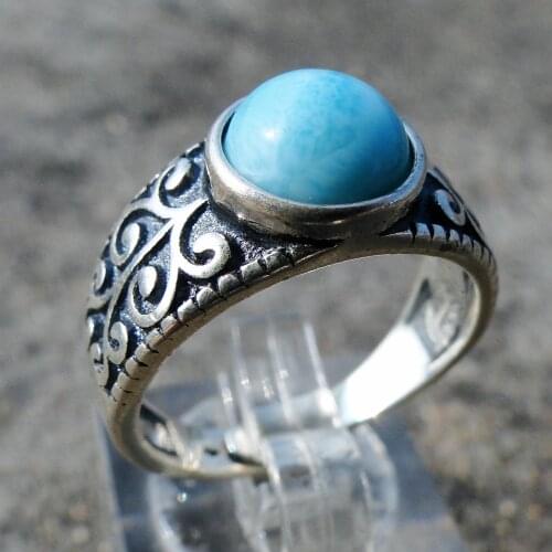 Popular Handcraft 925 Sterling Silver Antique Jewelry Blue Color Ring Natural Stone Larimar Rings Silver Antique Ring