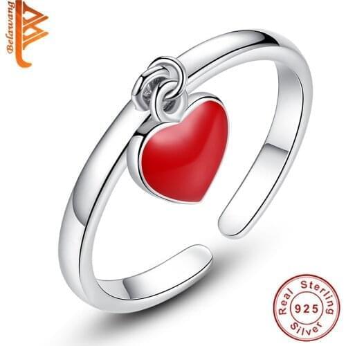 BELAWANG 925 Sterling Silver Red Enamel Pendant Heart Rings for Women Silver Open Ring Engagement Wedding Fashion Jewelry