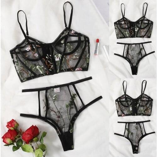 Fashion Lingerie Women Sensual Flower Embroidery Bra G-string Thong Sexy Embroidery Applique Sleepwear Underwear Set 2021 New