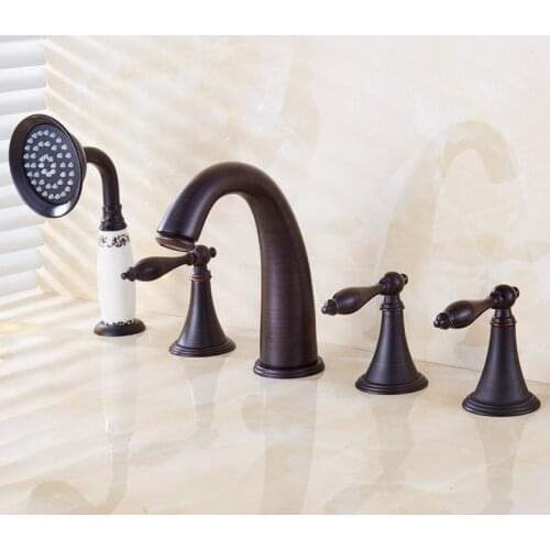 Black Oil Rubbed Brass Bathroom Bathtub Faucet Deck Mount 5 Holes Bath Mixer Taps with Handheld Shower ttf055