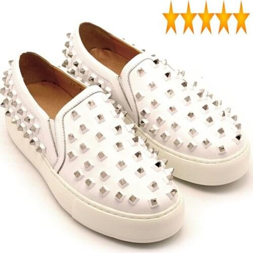 Rivet Lightweight Men Slip Handmade On Loafers White Platform Casual Mens Shoes Genuine Leather Sneakers Plus Size