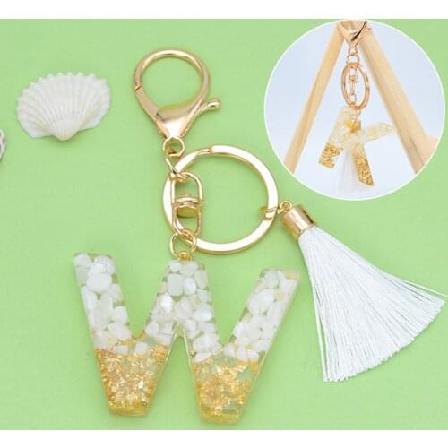 Fashion 26 Letters Resin Keychains for Women Gold Foil Bag Pendant Charms Handbag Accessories Tassel Key Rings