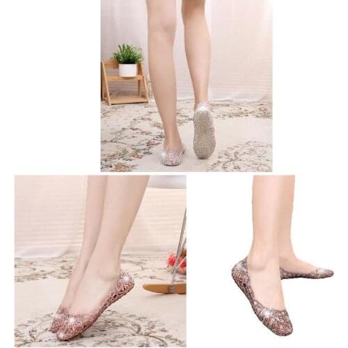 Newly 1 Pair Women Hollow Glitter Sandals Jelly Flat Shoes Breathable for Summer Beach Party
