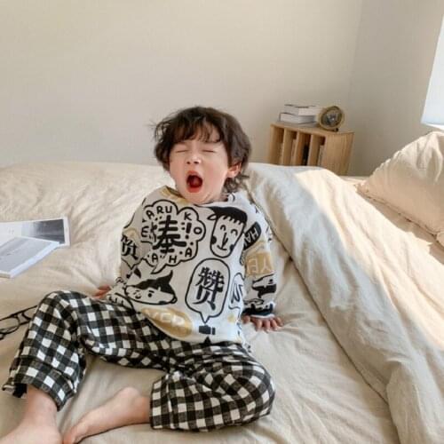 2021 Spring New Boys Korean Graffiti Home Clothes Childrens Cartoon Pajamas Set Girls Cute Long Sleeves Tops Shirt+pants