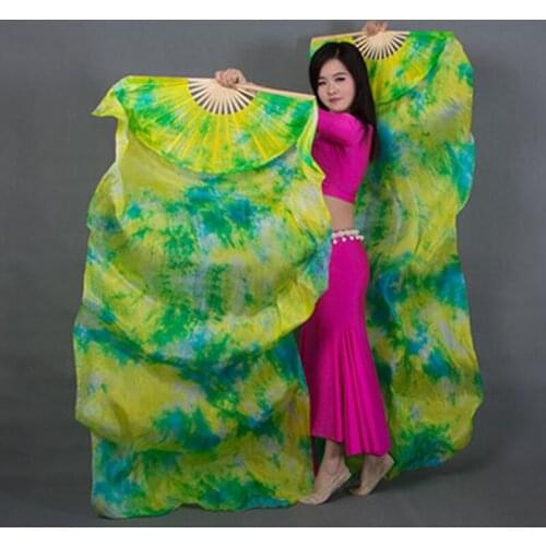 New Arrival Tie-dyed Belly Dance Fans for Women/Girls/Kids Pretty long 100% real Natural silk Fans for Dancing 8 colors