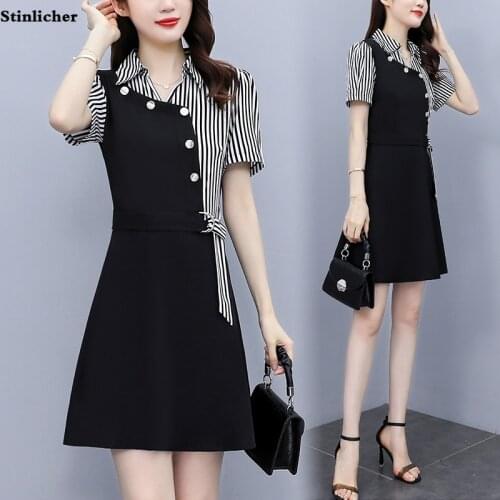 Summer striped dress women fashion button patchwork bandage tunic dress ladies elegant work knee-length midi dress robe belt