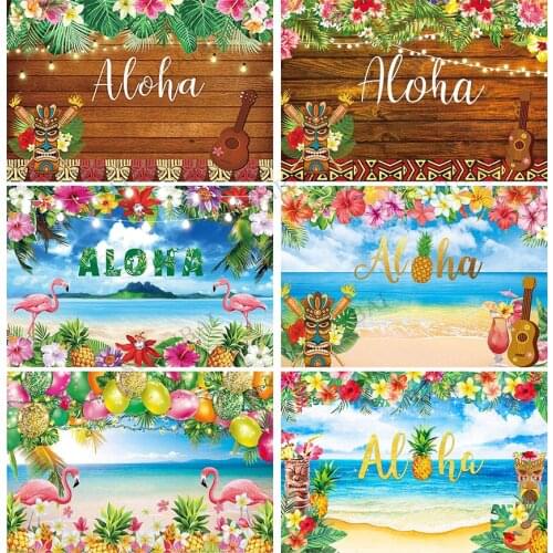 Aloha Luau Party Backdrop Torch Palm Leaf Luau Backdrops for Photography Aloha Flamingo Summer Ropical Hawaiian Wooden Flowers