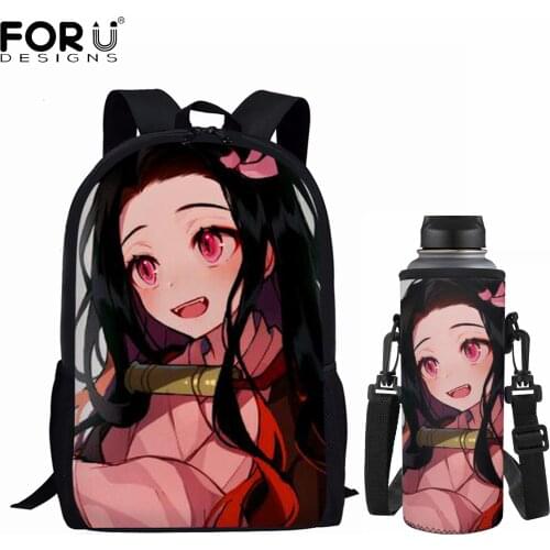 FORUDESIGNS Japanese Anime Demon Slayer Print Backpacks Student Girls School Bag Set Campus Bags Adjustable Strap Bottle Covers