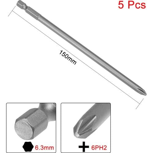 Uxcell 5 Pcs 1/4 Shank 150mm Length 6mm Phillips PH2 Magnetic S2 Screwdriver Bits