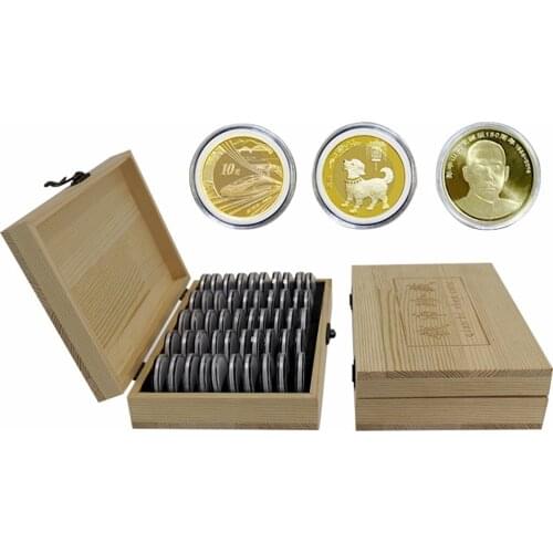 Retro Coins Holder Wooden Coins Storage Box with 50pcs Clear Case for Collectible Commemorative Coin