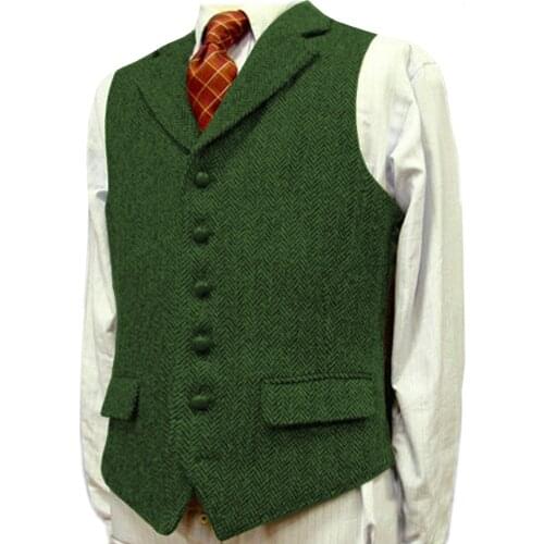 Green Formal Tweed Waistcoat/Vest Wool Herringbone Notched lapel Plus Size Brown/Black/Navy /Blue Business formal