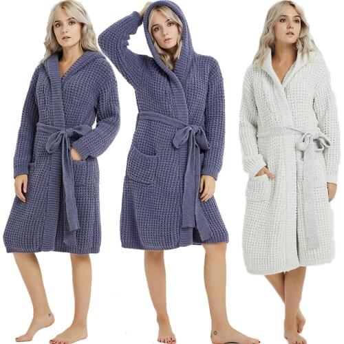 Women Thicken Warm Sleep Wear Nightgowns Bathgowns Casual Leisure Loungewear Open Cardigan Kimono Hooded Pockets Pajamas Nightie