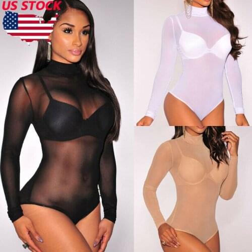 US Stock Women Long Sleeve Bandage Bodysuit Leotard Tops Blouse Jumpsuit Rompers