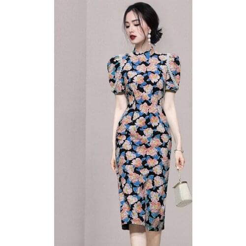Summer 2021 Runway Design New Womens Temperament Peony Printed Beaded Short Puff Sleeved Hight Waist Slim Retro Dresses
