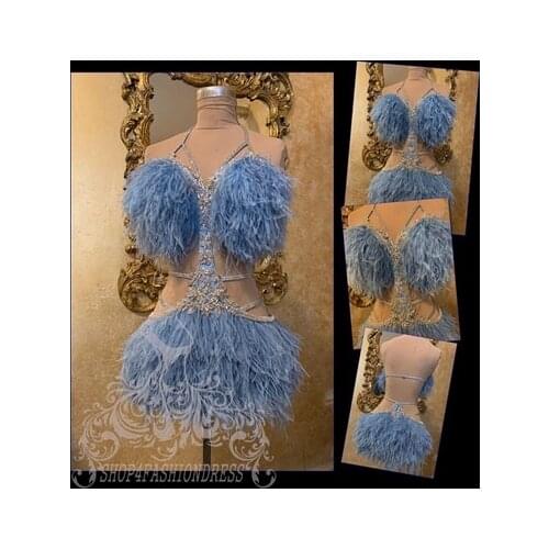 Sexy Backless Feather Short Evening Dress Luxury Crystals Formal Gowns Pageant Women See Through Cocktail Dresses Robe De Soiree