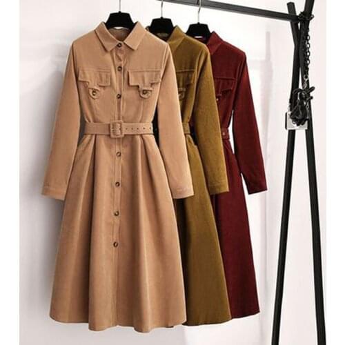 Women Corduroy dress Long Sleeve Solid Slim A-line woemn Party Dress Fashion Ladies Single Breasted Casual Dress