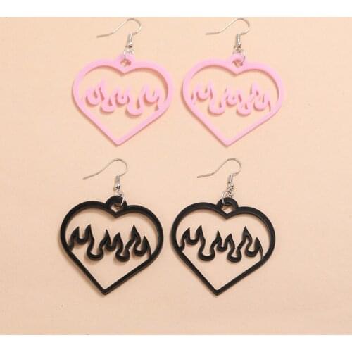 2pairs/set Black Pink Flame Hollow Heart Earrings Acrylic Fashion Simple Hook Earrings for Women