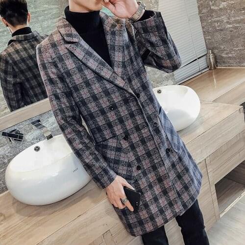 2020 Winter Thick Warm Jacket Lattice Men Windbreaker Long Loose Mens Wool Trench Coat Woolen Chaqueta Invierno Hombre