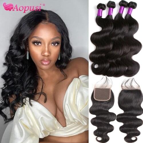 Aopusi Hair Bundles With Closure Body Wave Bundles With Closure Brazilian Human Hair Weave Bundles With Closure Remy Hair
