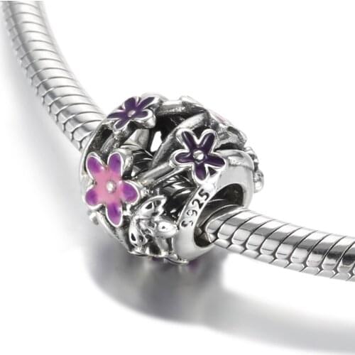 Authentic S925 Silver Charm Purple Flower Bead for Women Bracelet Bangle DIY Jewelry Girl Gift