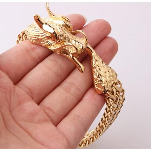 12mm Hotsale Stainless Steel Gold Color Punk Dragon Clasp Rock Figaro Chain Wristband Wholesale Jewelry Mens Bracelet Bangle 9"