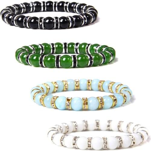 Natural Taiwan Jades Stone Bracelts Men Elastic Handmade Jewelry Bangle Women Silver Color CZ Charm Pulsera 8 MM Beads Bracelet