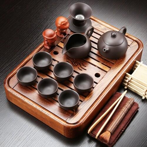 Kung Fu Tea Sets Solid Wood Tea Plate Simple Office Tea Cups Pots Porcelain Wood Water Table Bardak Seti Tea Service EI80TS
