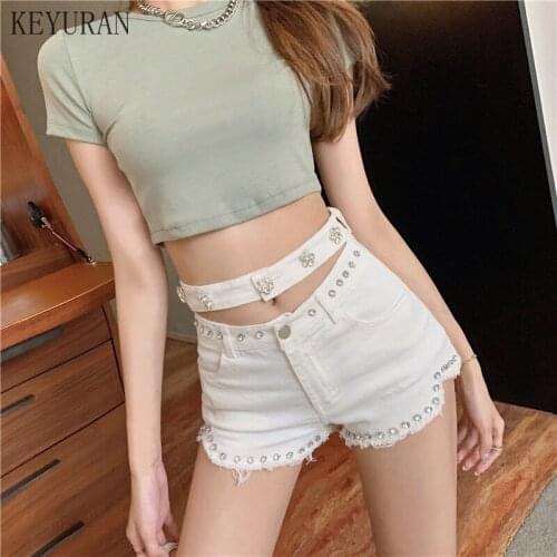 Design Women denim shorts Korean version of heavy industry rhinestone bead high waist slimming hollow slim hot pants trend Jeans